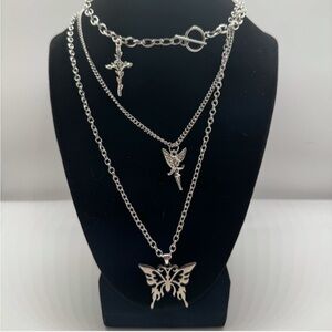 Silver Fairy Butterfly Rose 3 Layered Necklace Pendants